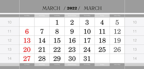March 2022 quarterly calendar block. Wall calendar in English, week starts from Sunday.