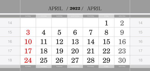April 2022 quarterly calendar block. Wall calendar in English, week starts from Sunday.