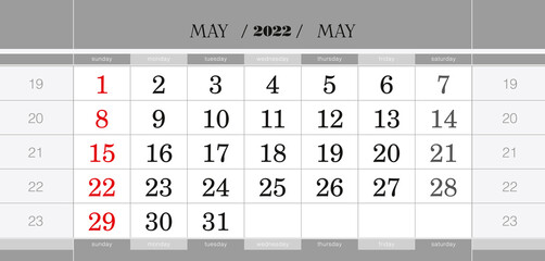 May 2022 quarterly calendar block. Wall calendar in English, week starts from Sunday.