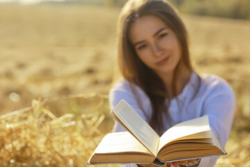 Fototapeta premium female reading a book in a field summer straw woman reading a book student studying summer vacation from school girl in the field