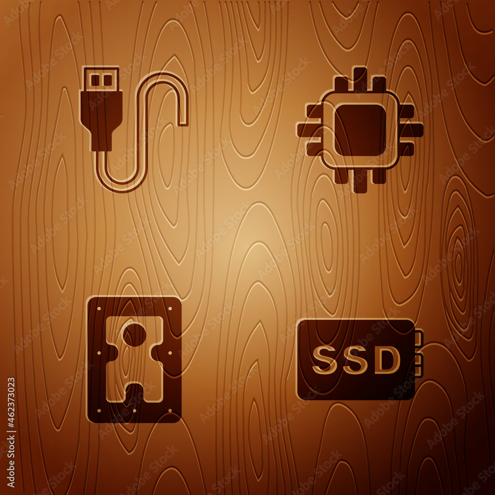 Poster set ssd card, usb cable cord, hard disk drive hdd and processor with cpu on wooden background. vecto