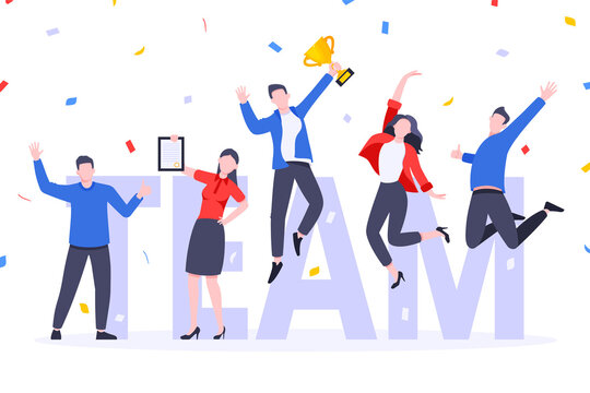 Happy business employee team winners award ceremony flat style design vector illustration. Employee recognition and best worker competition award team celebrating victory winner business concept.
