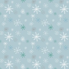 Christmas background with snowflakes, grey blue background, seamless repeat pattern