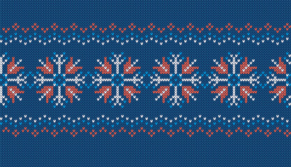 Knit seamless pattern. Blue knitted texture with snowflakes. Christmas frame. Xmas print. Fair isle traditional ornament. Holiday background. Festive sweater. Vector illustration. - obrazy, fototapety, plakaty