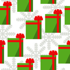 Gift boxes seamless pattern, green boxes with red ribbons and snowflakes on a white background