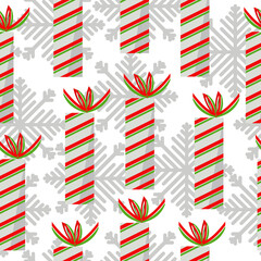 Gift boxes seamless pattern, gray tall boxes with red-green ribbons and snowflakes on white