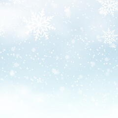 Falling shining snow or snowflakes on blue background for Merry Christmas and Happy New Year. Vector