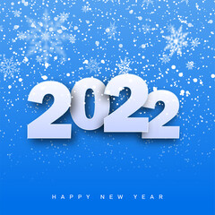 2022 Happy New Year card with falling snowflakes on blue background. Vector