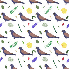 Seamless pattern with bronze wings parrots, tropical leaves and flowers. Cute baby print for fabric and textile.