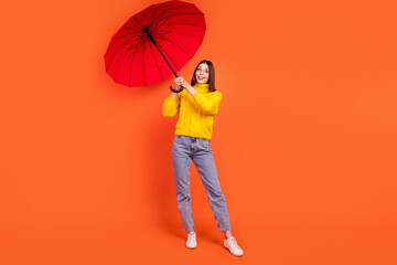 Full length photo of young woman happy positive smile windy umbrella wet autumn isolated over...