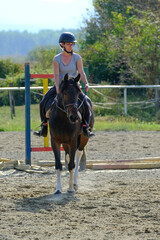 Girl rides a pony horse in riding school