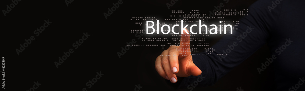 Poster block chain text and computer connection with hand