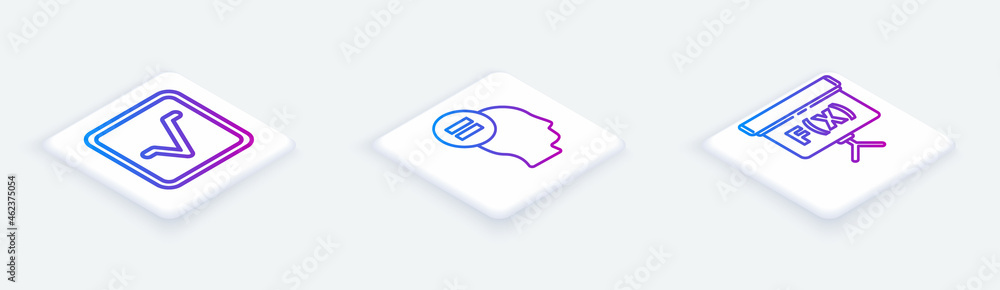 Poster set isometric line open book, test or exam sheet and geometric figure cube. white square button. vec