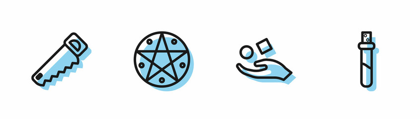 Set line Cube levitating above hand, Hand saw, Pentagram circle and Bottle with love potion icon. Vector