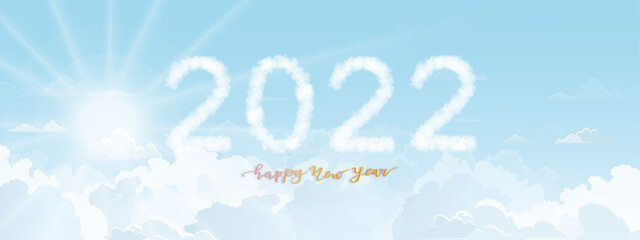 Naklejka na ściany i meble Happy new year, fluffy 2022 clouds on blue Sky,Vector calendar,Typography text 2022 font on Horizon Clear sky scape with white cloud, Background Banner design for New Year year or Christmas