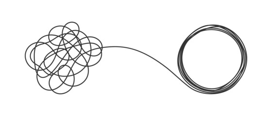Chaos and order business concept flat style design vector illustration isolated on white background. Tangled disorder turns into circle order line, find solution. Coaching, mentoring or psychotherapy.