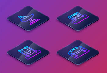 Set Isometric line Swing boat, , Abacus and Jumping trampoline. Blue square button. Vector