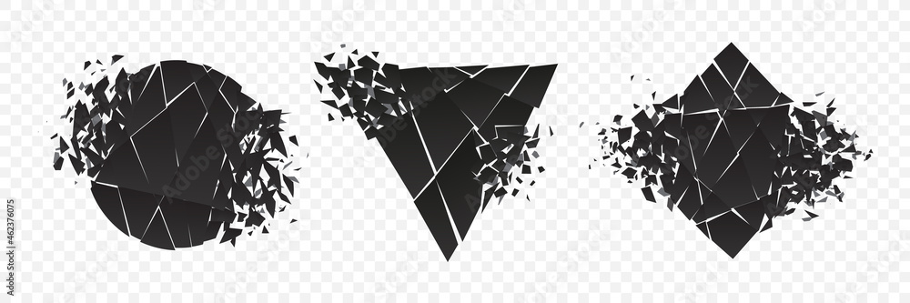 Poster shape explosion broken and shattered flat style design vector illustration set isolated on transpare