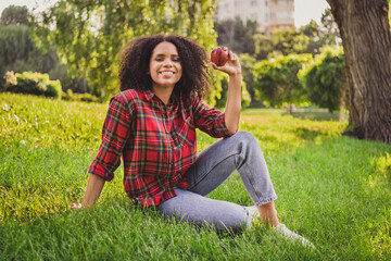 Portrait of attractive cheerful carefree girl wearing checked shirt sitting on lawn eating apple on fresh air outdoors
