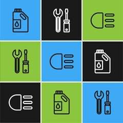 Set line Canister for motor oil, High beam and Screwdriver and wrench spanner icon. Vector