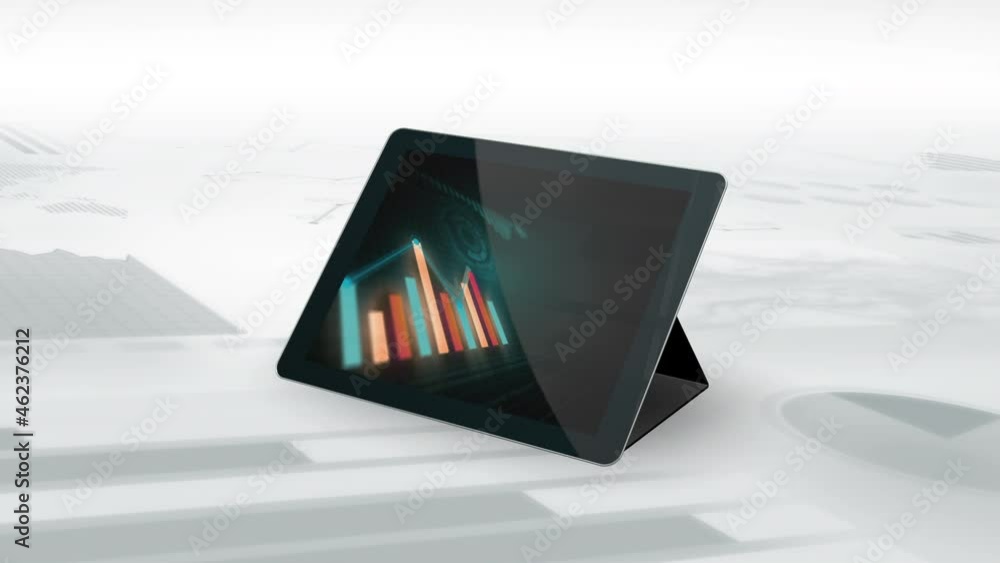 Poster sliding motion around a 3d tablet pc showing a growing colourful bar graph. financial analyst digita