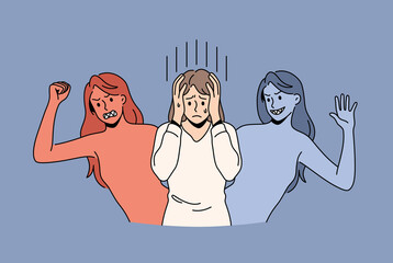Mental health and Bipolar disorder concept. Young woman covering head with hands feeling variety moods suffering from bipolar disorder illness vector illustration  - obrazy, fototapety, plakaty