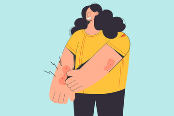 Unhappy woman scratch itch arm suffer from seasonal allergy. Distressed upset girl struggle with psoriasis or atopic dermatitis, have skin problems. Skincare, healthcare. Flat vector illustration. 