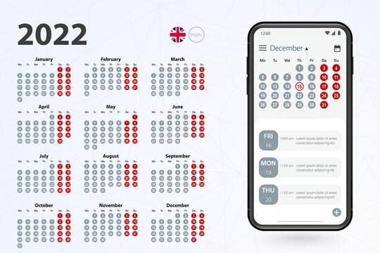 Calendar App For Cell Phone, Vector Calendar 2022 Week Stars From Monday.