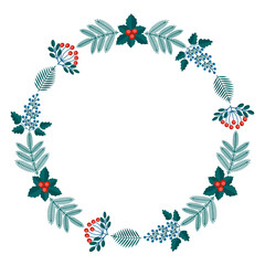 Fototapeta na wymiar Merry Christmas floral round frame with winter plants frame - wreath in flat style. Illustrations with botanical symbols of holiday - pine, leaves, cone, berry in red, green colors.