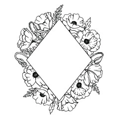 Vector diamond shape frame with poppies. Vector black and white illustration. Template for a wedding invitation.