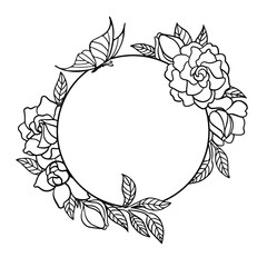 Round frame with gardenia flowers. Vector black and white illustration.