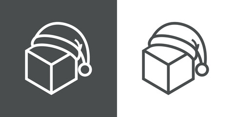 Regalos de Navidad. Logotipo con silueta de caja de regalo con gorro de Papá Noel con lineas en fondo gris y fondo blanco © teracreonte