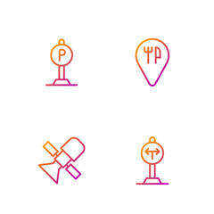 Set line Fork in the road, Satellite, Parking and Cafe and restaurant location. Gradient color icons. Vector