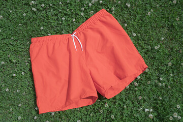 Red men's swimming trunks on the grass