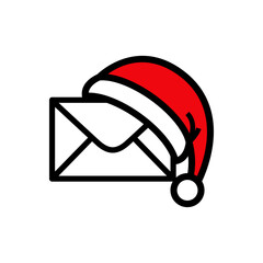 Tarjeta de felicitación de Navidad. Logotipo con sobre de correos con gorro de Papá Noel con lineas en color rojo y negro