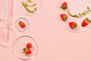 
Glass petri dish and test tube with strawberry extract. Research and develop cosmetic production...