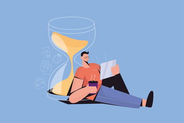 Man lean on sandglass use modern mobile tablet gadget, waste time on internet in social media. Smiling guy with device addiction, scroll browse internet. Technology era. Flat vector illustration. 