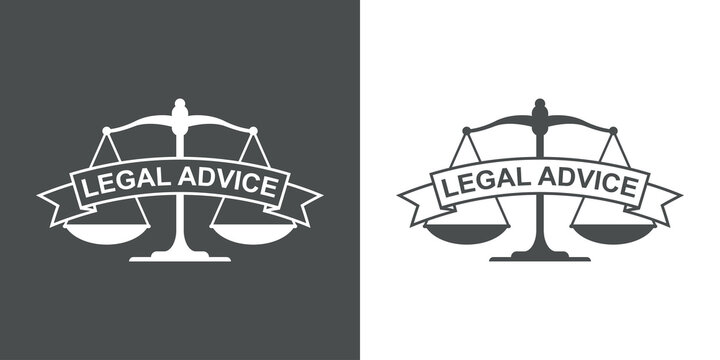 Banner con texto Legal Advice en cinta con balanza en fondo gris y fondo blanco