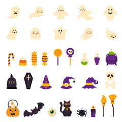 Collection of cute cartoon vector Halloween elements.