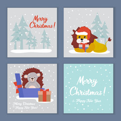 Christmas cards with cute animals in Santa Claus hat, with holiday elements. Vector illustration