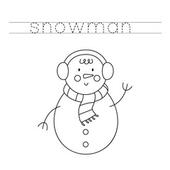 Trace the letters and color snowman. Handwriting practice for kids.