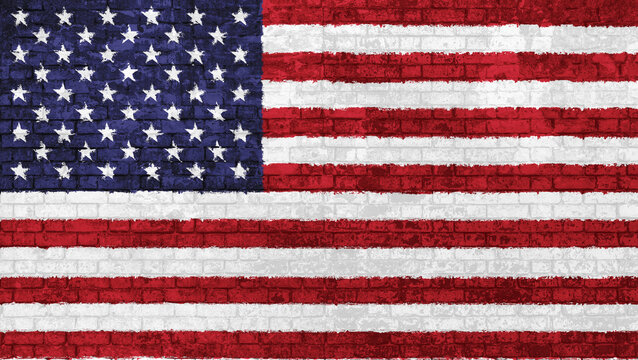 Old wall of bricks painted with the national flag of the United States of America isolated 3D background. Concept of social barriers of immigration, divisions, and political conflicts in United States