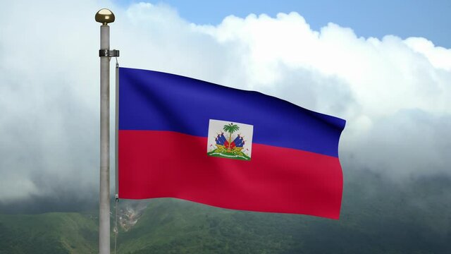 3D, Haitian flag waving on wind at mountain. Haiti banner blowing, soft and smooth silk. Cloth fabric texture ensign background. Use it for national day and country occasions concept.