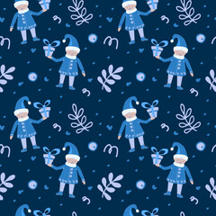 Festive elements seamless pattern. Gnomes with gifts, mistletoe branches and confetti. Christmas. New Year. Suitable for textiles and packaging.