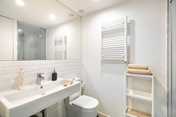 Interior of white bathroom in refurbished apartment. Shower zone with heater, sink and mirror