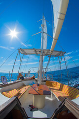 Yacht masts ropes blue clear sky view sun