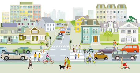 Stadtsilhouette mit Fußgänger auf dem Zebrastreifen, Illustration