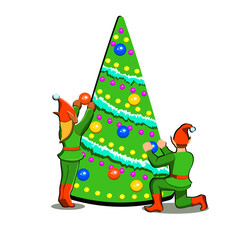 Elves, Santa's helpers, decorate the Christmas tree, for the New Year and Christmas, holiday graphic design, for banners, signs, advertising and various graphic projects