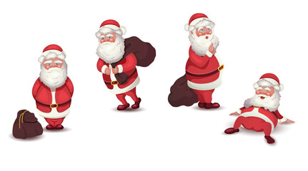 Set of cartoon Christmas illustrations isolated on white. Funny happy Santa Claus character with a gift bag, surprised and laughing