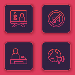 Set line Television report, Censored stamp and World news. Blue square button. Vector